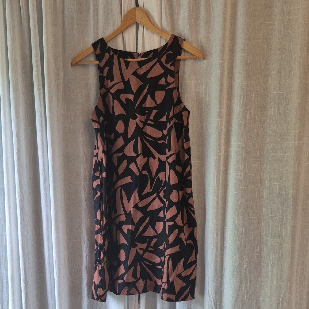 A.newday Linen Black and Pink Patterned Dress W Pockets